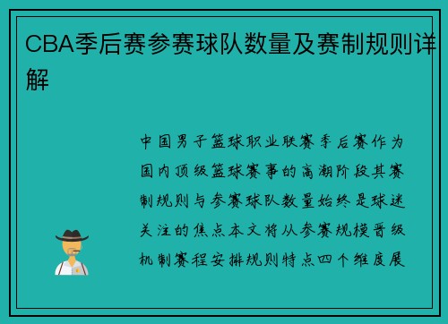 CBA季后赛参赛球队数量及赛制规则详解