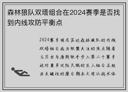 森林狼队双塔组合在2024赛季是否找到内线攻防平衡点